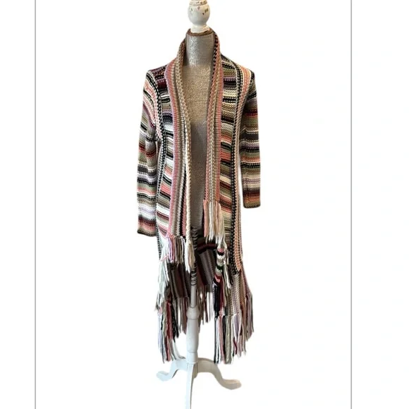 Boston Proper Fringed Ivory Multicolored Striped Open Duster Cardigan Size Small - Picture 13 of 15